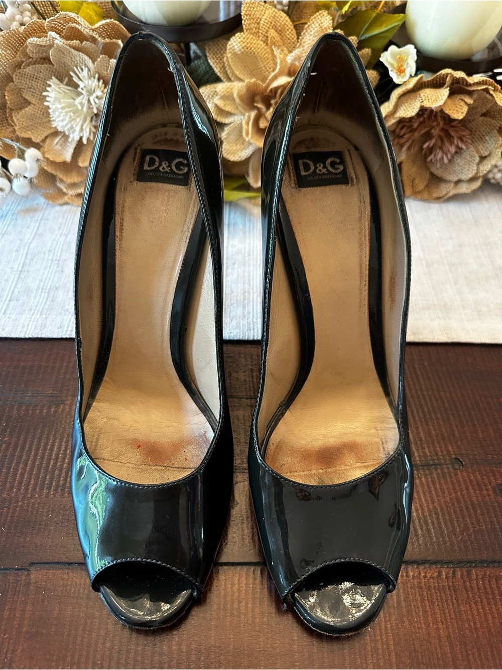 D&G Dark Grey Patent Leather Peep-Toe Heels Dolce & Gabbana